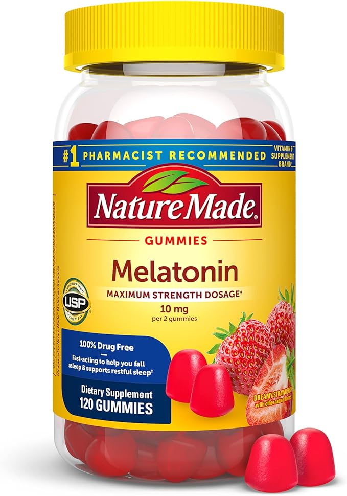 Nature Made Melatonin 10 mg per serving Gummies, Sleep Gummies for Adults Maximum Strength Dosage, 100% Drug Free Sleep Aid, 120 Count, 60 Day Supply
