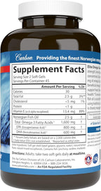 Carlson Elite Omega-3 Gems, 1600mg Omega-3s with EPA & DHA, Wild-Caught Norwegian Fish Oil, Lemon Flavor, 90 Softgels