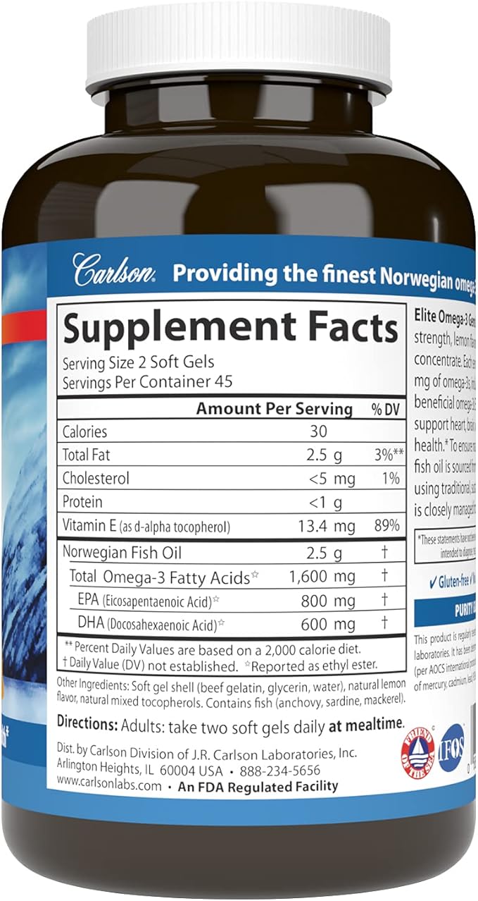 Carlson Elite Omega-3 Gems, 1600mg Omega-3s with EPA & DHA, Wild-Caught Norwegian Fish Oil, Lemon Flavor, 90 Softgels