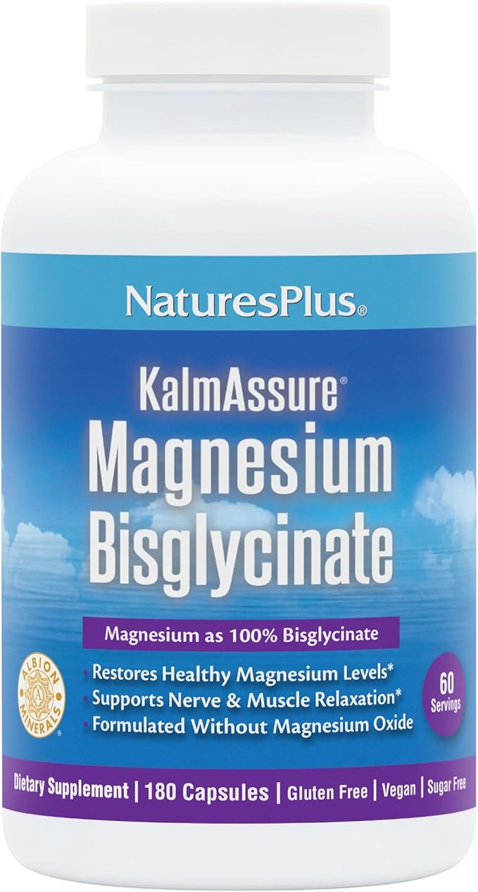 NaturesPlus KalmAssure Magnesium Bisglycinate - 180 Capsules - Supports Nerve & Muscle Relaxation - Formulated Without Magnesium Oxide - 60 Servings