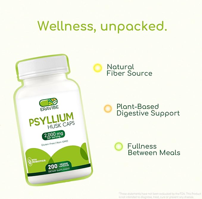 Psyllium Husk Capsules with Probiotics 100 Million CFUs, Fiber Supplement for Digestive and Gut Support, 200 Count, Plant-Based Natural Fiber