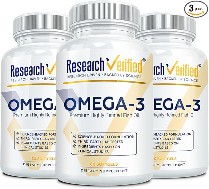 Research Verified Omega 3-1800mg Omega 3 Fish Oil - High 900mg EPA + 600mg DHA - No Aftertaste - 60 Softgel Capsules - 3 Bottles
