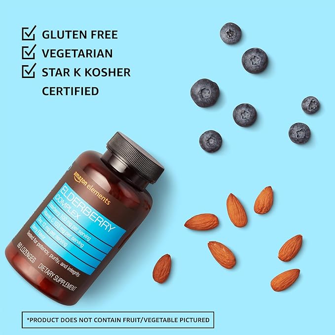 Amazon Elements Elderberry Complex, Immune System Support, 60 Berry Flavored Lozenges, Elderberry 100mg, Vitamin C 103mg, Zinc 12mg per Serving (Packaging May Vary) (Pack of 2)