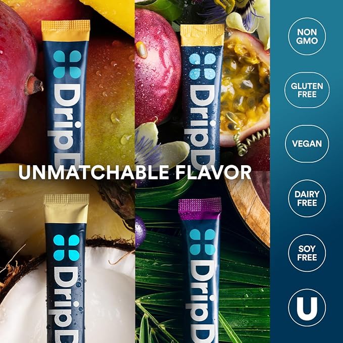 DripDrop Hydration Packets - Tropical Variety Pack - Single Serve Electrolytes Powder Drink Mix - Mango, Açaí, Passion Fruit, Piña Colada - Non-GMO, Gluten Free, Vegan - 32 Sticks