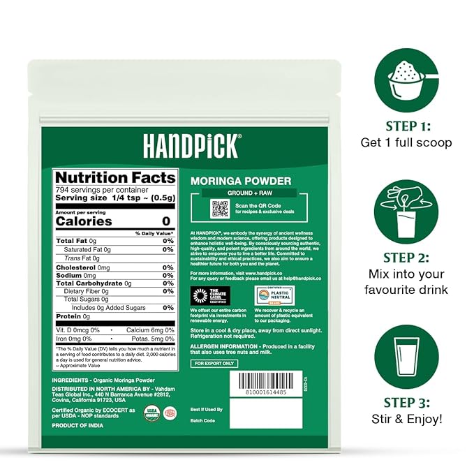 HANDPICK USDA Organic Moringa Powder (397g/14oz) Pure Moringa Oleifera Leaf Powder | Authentic Indian Origin | Gluten Free, Non-GMO | Perfect for Smoothies, Drinks, Tea & Recipes