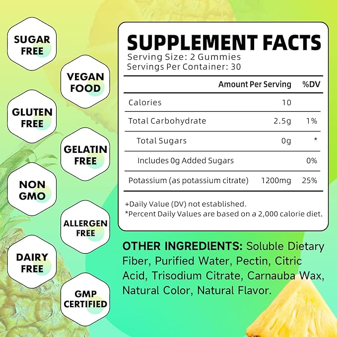 Potassium Citrate Gummies, High Potassium Supplement Gummies 1200mg Support Leg Cramps & Muscle Health, Vegan, Pineapple Flavor 60 Count