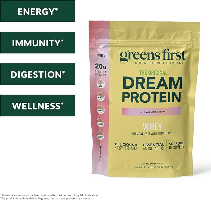 Greens First Dream Protein Powder Whey - 20g Protein per Serving - Hormone-Free with Prebiotics - Non-GMO - No Artificial Sweeteners/MSG/Aspartame - Strawberry Cream - 27.96 oz