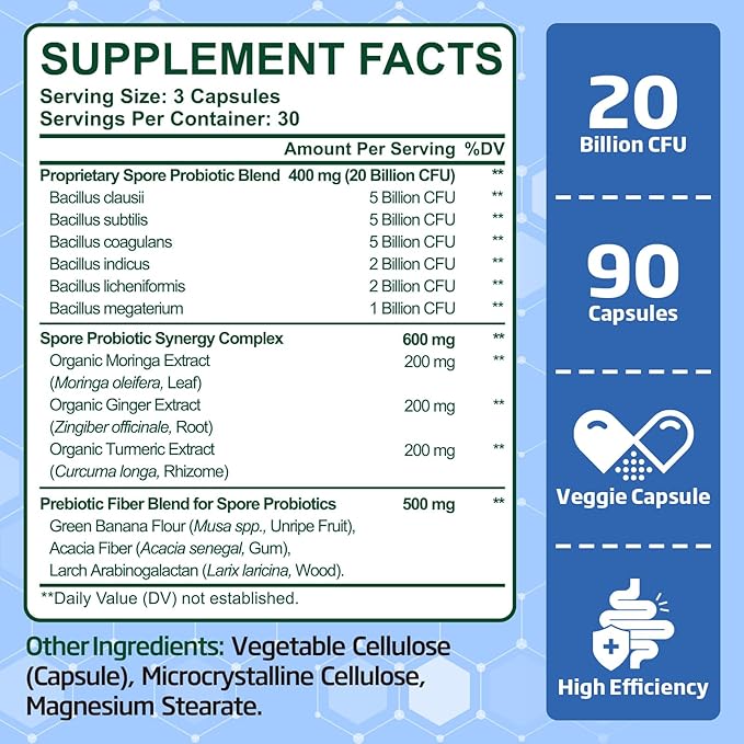 Spore Probiotic, 630 Capsules - Bacillus Subtilis Spore Based Probiotic for Women & Men, 20 Billion CFU Probiotics for Digestive Health, Daily Gut Health & Immune Support, Vegan & Shelf Stable
