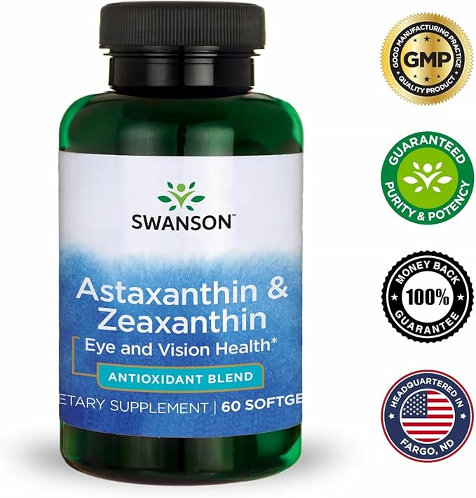 Swanson Astaxanthin & Zeaxanthin Eye Health Supplement for Screen-Heavy Professionals with 4 mg Astaxanthin & 4 mg OmniXan Zeaxanthin (60 Softgels, 3 Pack)