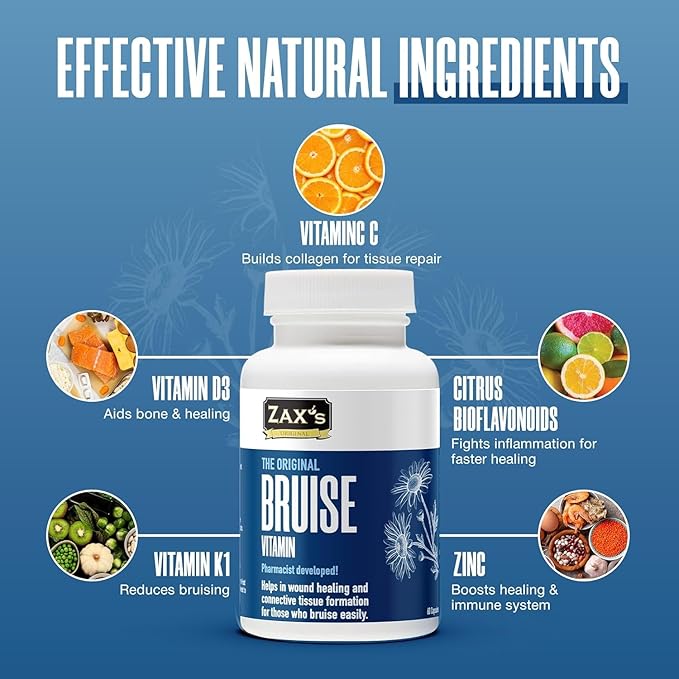 ZAX'S ORIGINAL Bruise Vitamin 2-Pack – Pharmacist-Developed Bruising Supplements, Potent Swelling & Bruise Reducer with Zinc, Vitamins K, D3, C, Citrus Bioflavonoids, 120 Caps, Pair with Arnica Cream