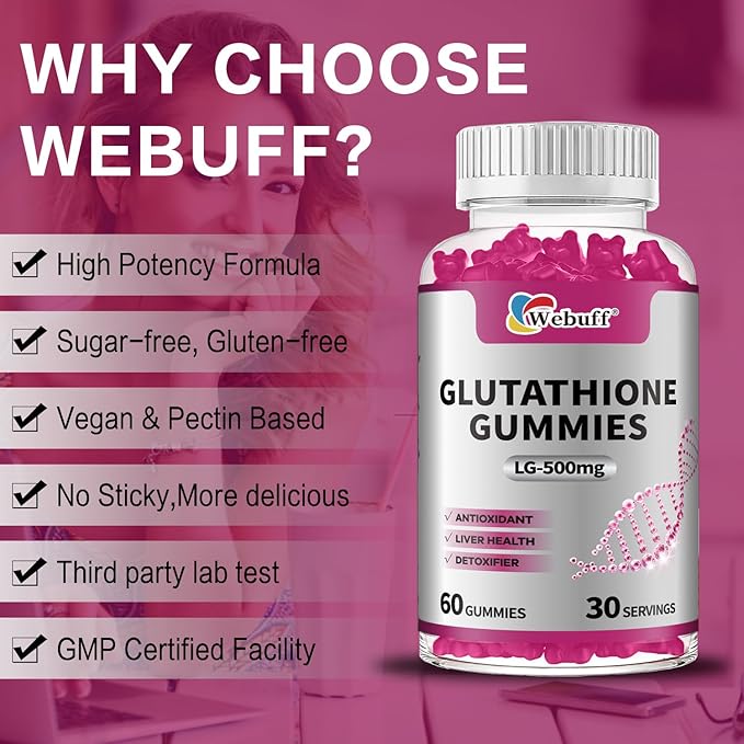 Glutathione Gummies with Collagen 500mg Vitamin C & B6 Skin Glow Hair & Nail Support Anti-Aging Antioxidant Sugar-Free Non-GMO Strawberry Flavor 60 Gummies (60 Count (Pack of 1))