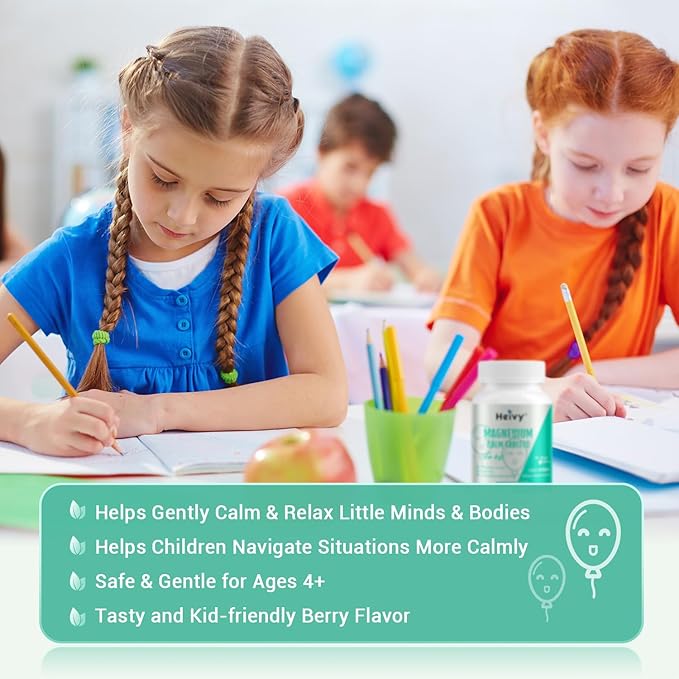 Heivy Kids Calming Supplement, Contains Magnesium Glycinate & Vitamin B6, Support Calm & Relax, Calm Mind and Body, Berry Flavor for Age 4+ (60 Servings), Vegan, Gluten-Free, Made in USA