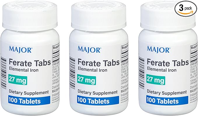 Major 27 mg Ferate Tabs - Ferrous Gluconate Elemental Iron Dietary Supplement - 100 Count (3 Pack)
