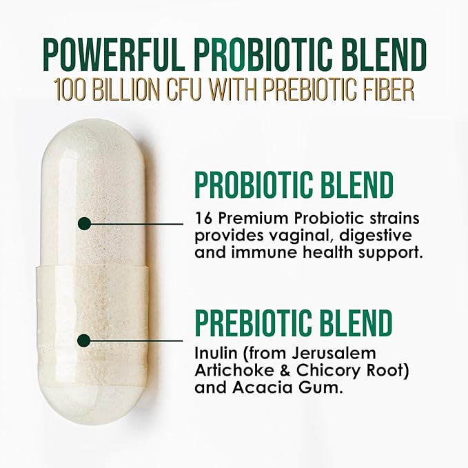 Probiotics 100 Billion CFU Per Serving - 16 Premium Probiotic Strains Prebiotics - Immune Support, Gut Health, Occasional Constipation, Gas & Bloating, Probiotics Supplement, USA Bottled, 60 Capsules