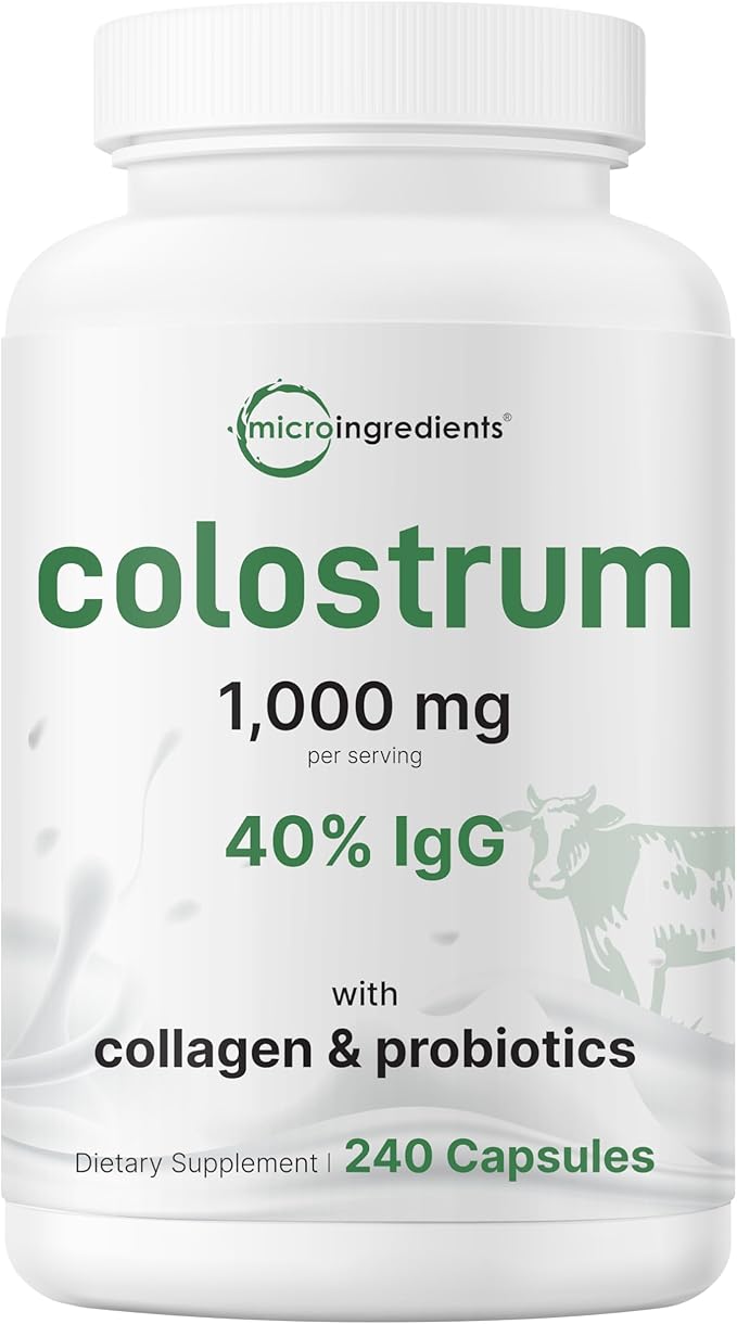 Micro Ingredients Bovine Colostrum 1,000 mg Per Serving, 240 Capsules | 40% IgG First Milking with Collagen & Probiotics | Colostrum Supplement with 10 Probiotic Strains | Non-GMO, Gluten Free