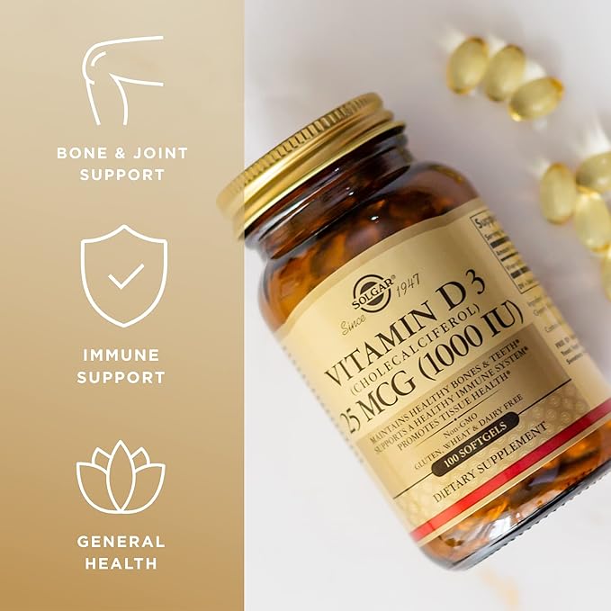 Solgar Vitamin D3 (Cholecalciferol) 25 mcg (1000 IU) - 100 Softgels - Helps Maintain Healthy Bones & Teeth - Immune System Support - Non-GMO, Gluten Free, Dairy Free - 100 Servings