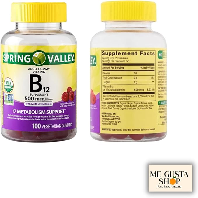 B12 500 mcg Spring Vallley Raspberry Flavor Gummy Vitamin B12 Gummies 100 ct (Pack of 1) + me Gusta Sticker
