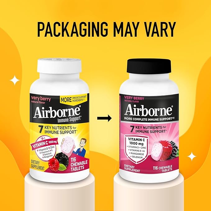Airborne 1000mg Vitamin C + Zinc Immune Support Supplement Chewable Tablets Powerful Antioxidants Vitamins A C & E, 116 Chewable Tablets, Very Berry Flavor (2 Pack)