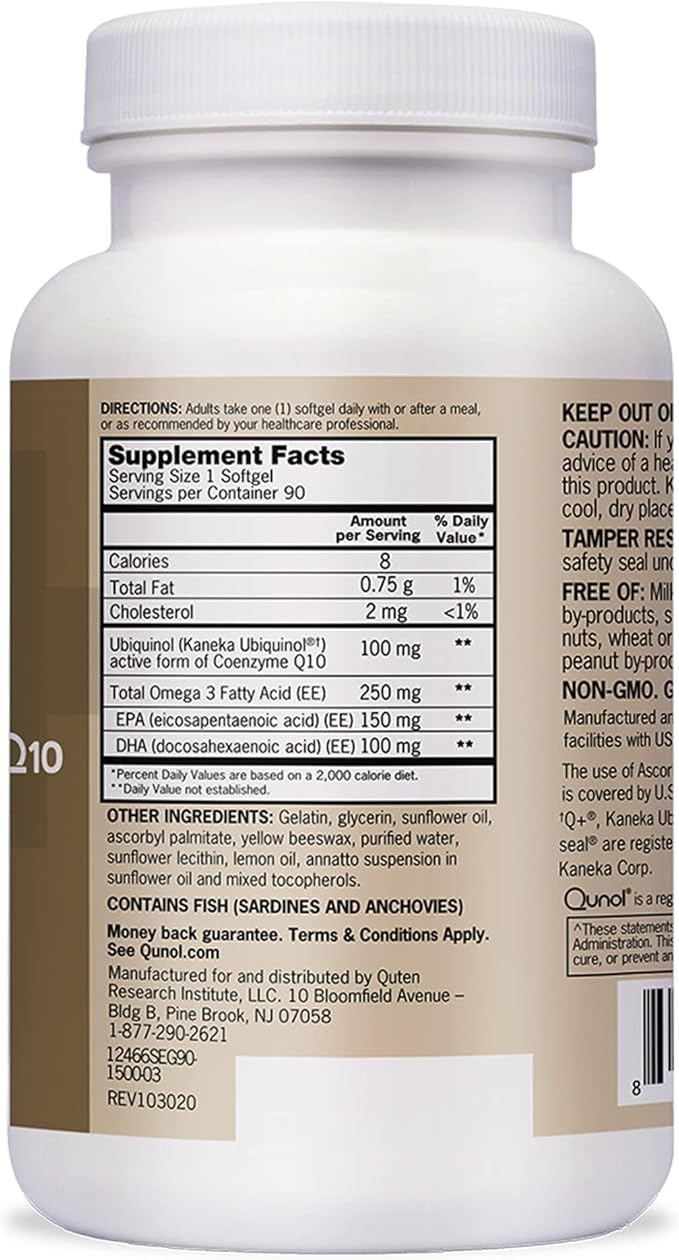 Qunol Plus Ubiquinol CoQ10 100mg with Omega 3 Fish Oil 250mg,Extra Strength Antioxidant Supplement,90 Count (Pack of 2)