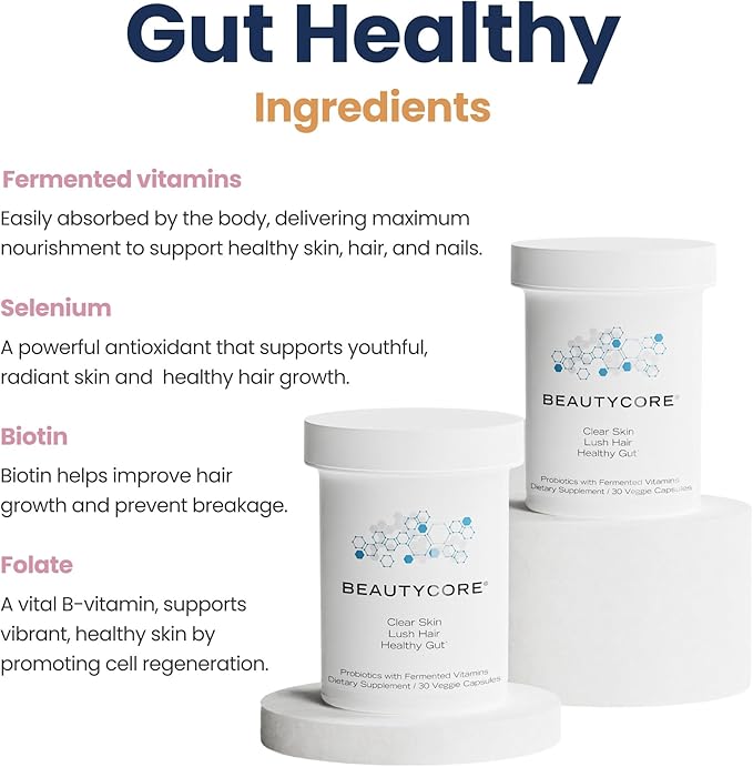 Supplement – Supports Collagen Production, Hair, Skin, Nails - 20B CFU Probiotics - Acid Resistant Veggie Capsule - Gut Health, Microbiome, Fermented Vitamins, Alleviates Bloating