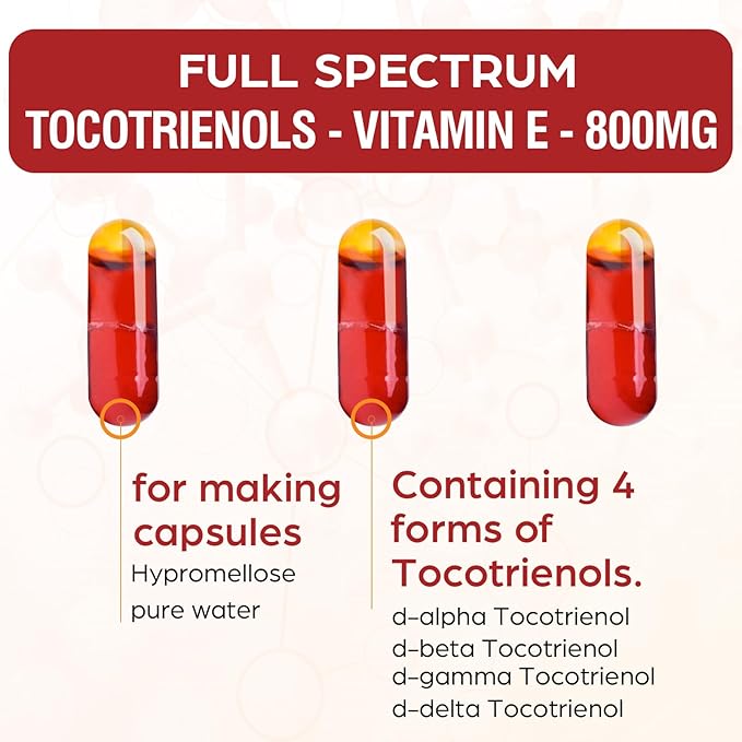 Tocotrienol Supplement Full Spectrum, Cutting-Edge Fusion Technology,Tocotrienol Vitamin E-Tocotrienols 800mg,Powerful Antioxidant,Cardiovascular,Highest Absorption Rate -120 Liquid-Filled Capsules