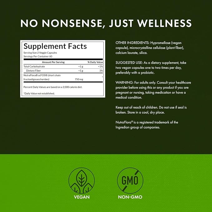 Swanson Prebiotic Fiber Capsules with NutraFlora FOS for Gut-Health-Conscious Adults Seeking Digestive Flora and Immune Support - 750 mg (120 Vegan Capsules, 2 Pack)