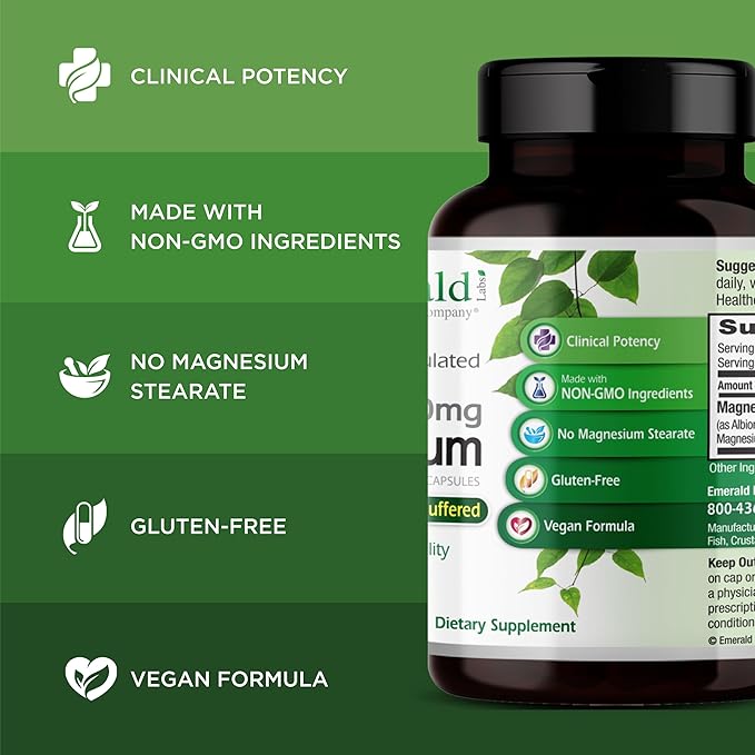 Emerald Labs Magnesium 400mg - Bone & Sleep Support with Albion Magnesium* - Vegan Friendly - 120 Vegetable Capsules (30-Day Supply)