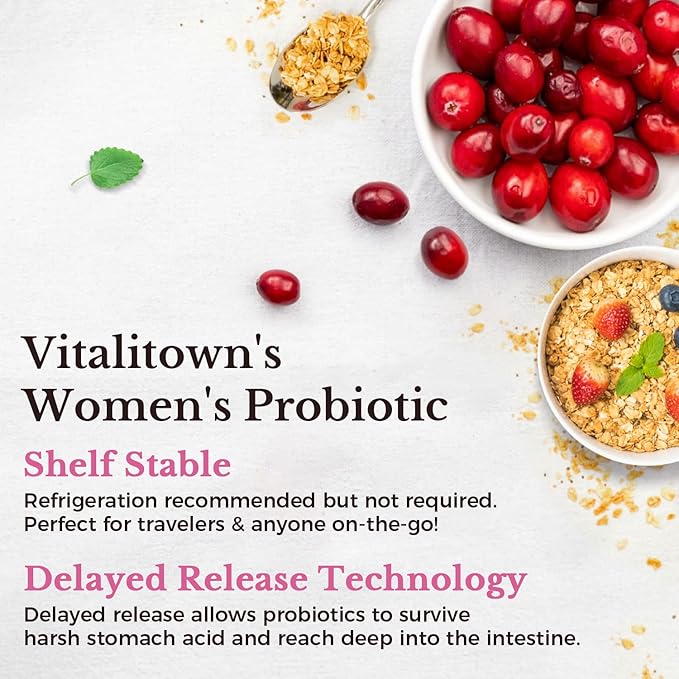 Vitalitown Probiotics for Women 120 Billion CFUs, 30 Strains, with Prebiotics & Digestive Enzymes & Cranberry, Gut & Vaginal Health, Vegan 30 (Pack of 1) Delayed Release Caps