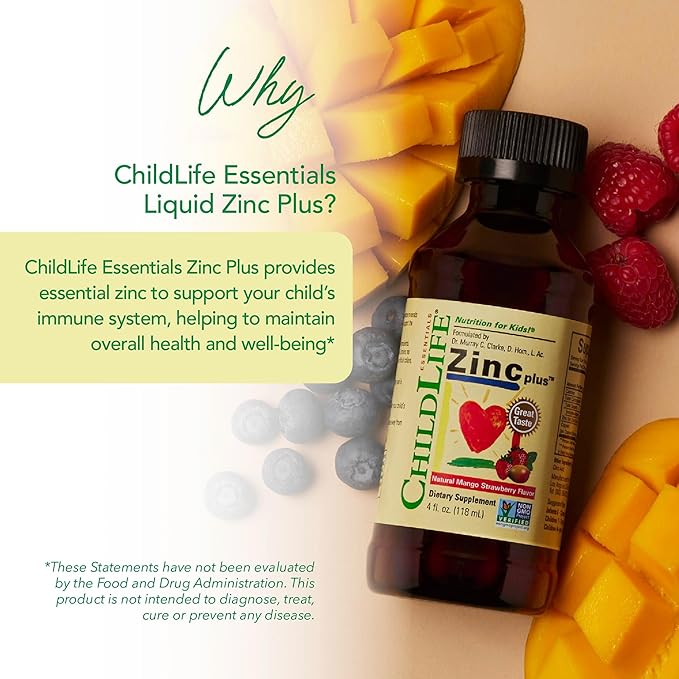 CHILDLIFE ESSENTIALS Liquid Zinc Plus for Kids & Toddler - Liquid Supplement Drops, Zinc Gluconate & Copper for Immune Support - Mango Strawberry, 4 Fl Oz (Pack of 1)