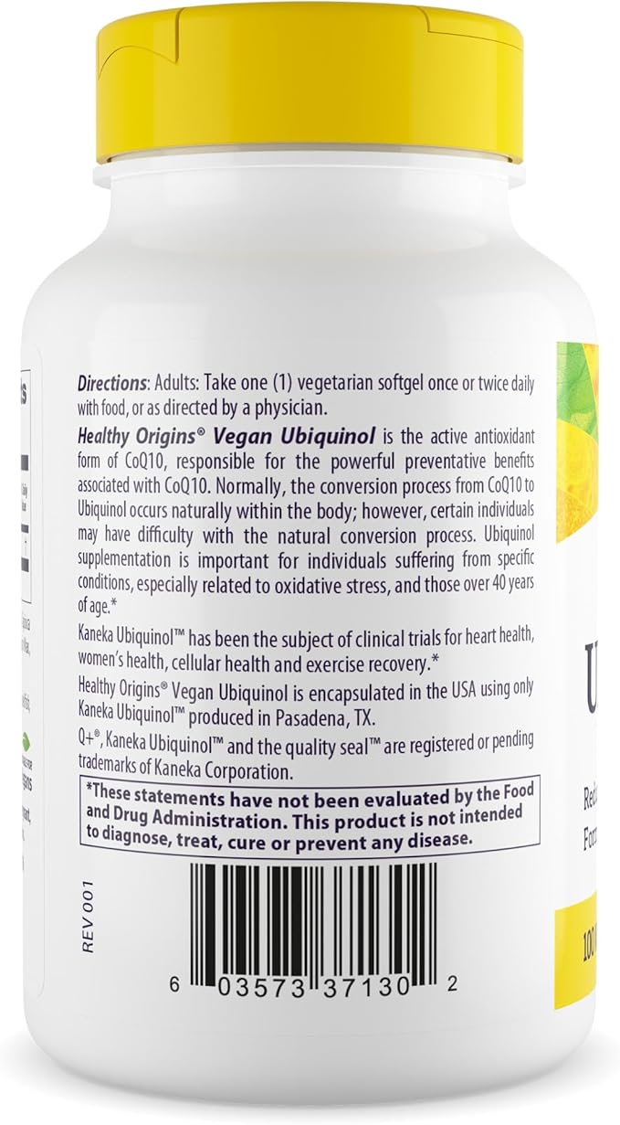 Healthy Origins Vegan Ubiquinol (Active Form of CoQ10), 100 mg - Kaneka Ubiquinol Supplements for Heart Health & Antioxidant Support - Gluten-Free & Non-GMO Supplement - 60 Veggie Gels
