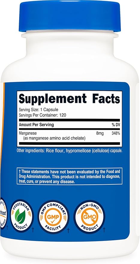 Nutricost Chelated Manganese Supplement 8mg, Amino Acid Chelate, 120 Capsules, 120 Servings - Gluten Free, Non-GMO and Vegetarian Friendly