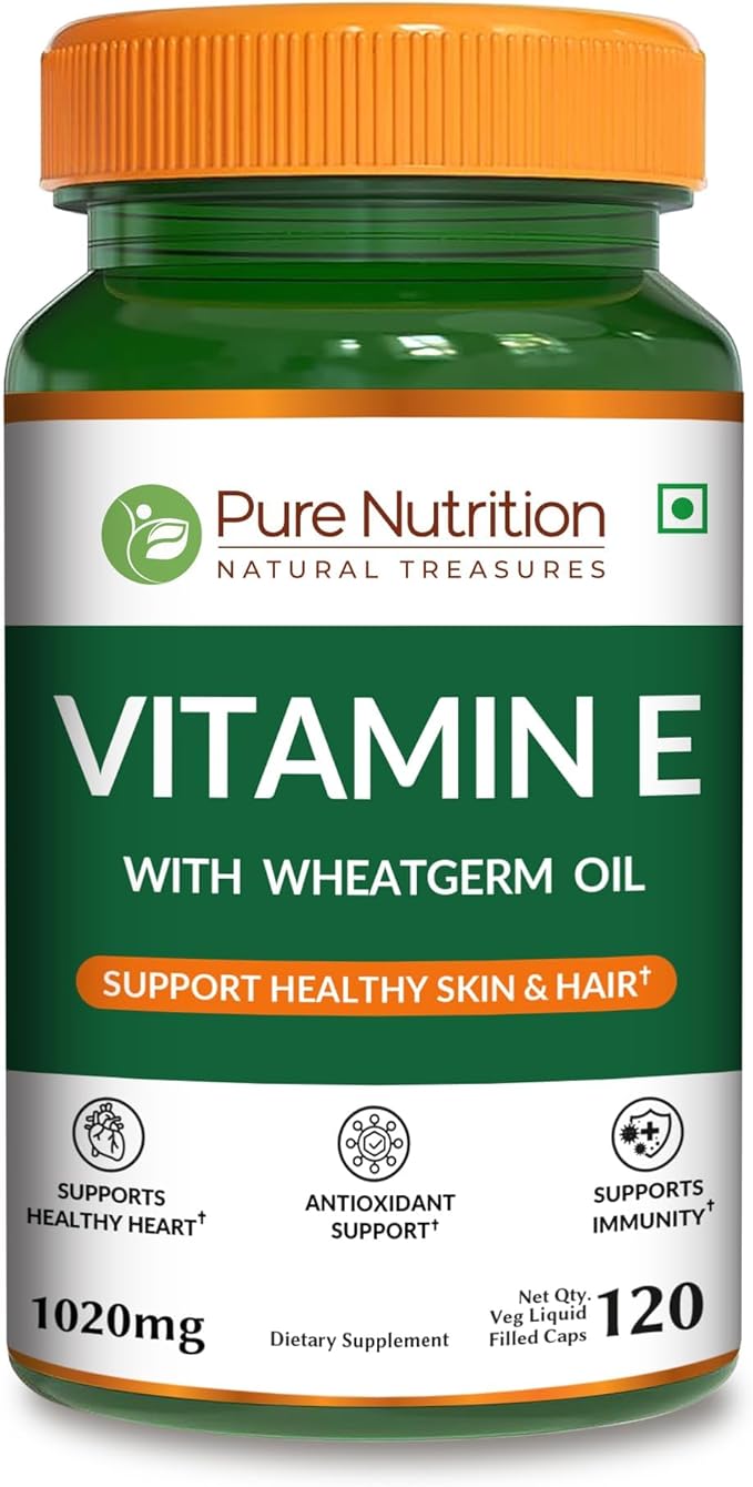 Pure Nutrition Vitamin E with Wheatgerm Oil, 1020mg |120 Caps | Natural Source of Vitamin E | Hair and Skin Supplement | Non GMO