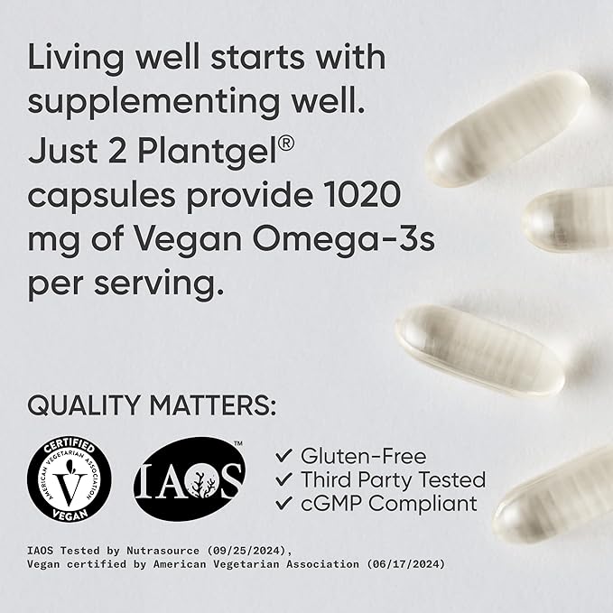 Sports Research Vegan Omega-3 Fish Oil Alternative from Algae Oil - Highest Levels of Vegan DHA & EPA Fatty Acids | Non-GMO Tested & Vegan Certified - 60 Veggie Softgels (Carrageenan Free)
