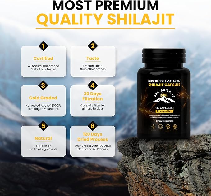 120 Days Naturally Sun-Cured Himalayan Shilajit Capsules | Gold Grade Above 18,000 FT | Organic | 85+ Natural Minerals | Rich in Fulvic & Humic Acid | Men & Women | 40 Capsules