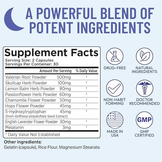 Somulin Nighttime Complex Sleep Aid - Powerful All-Natural Maximum Strength Formula - Fall Asleep & Stay Asleep - Feel Rested & Refreshed - Melatonin, Valerian Root, Chamomile & 5-HTP - 60 Capsules
