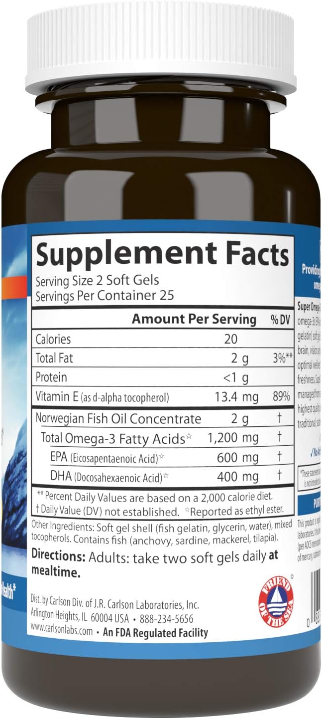 Carlson - Super Omega-3 Gems, 1200 mg Omega-3s, Norwegian, Cardiovascular Support, Brain Function & Vision Health, 50 soft gels