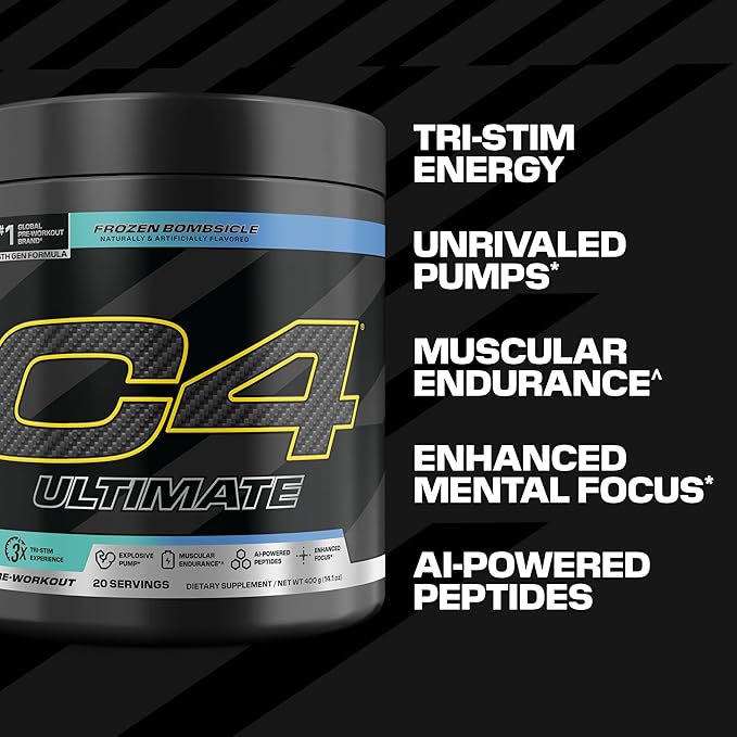C4 Ultimate Pre Workout Powder - Sugar Free Preworkout Energy Supplement for Men & Women - 300mg Caffeine + TeaCrine + Dynamine + Creatine - Frozen Bombsicle, 20 Servings