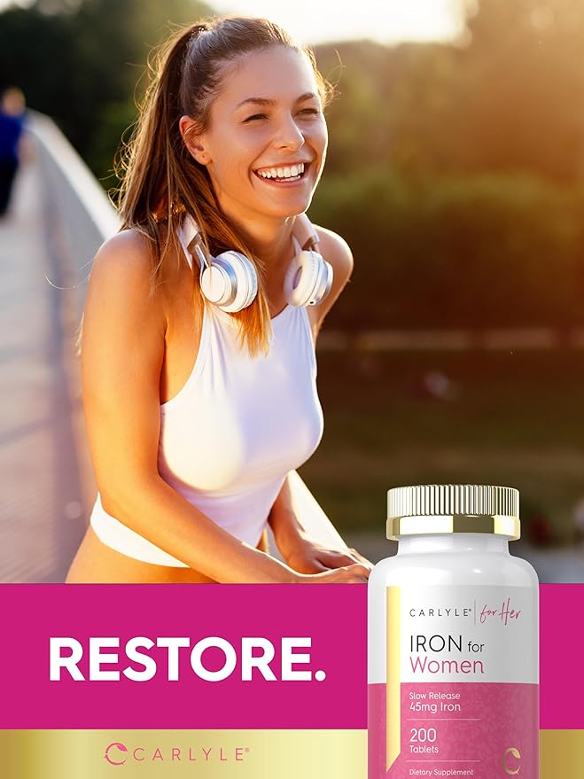 Carlyle Iron Supplement for Women | 200 Slow Release Tablets | Vegetarian, Non-GMO, Gluten Free Pills | for Her