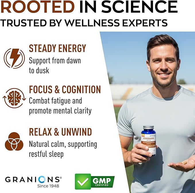 Granions KSM66 Ashwagandha Supplements - 1,050 mg, 5% Withanolides, Clinically Studied KSM-66 Root Extract Pills - Vegan Stress and Focus Support for Men and Women - 90 KSM 66 Ashwagandha Capsules