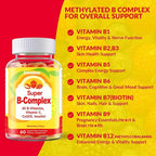 Methylated Vitamin B Complex Gummies for Women & Men- All B Vitamins-Methyl B12,Methylfolate, B1,B2,B5,B6,B7 with Vitamin C, CoQ10 & Inositol | Energy & Brain Support | Vegan, Sugar Free | 60 Count