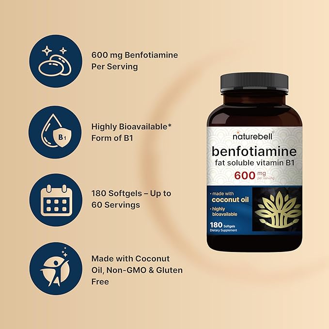 NatureBell Benfotiamine (Fat-Soluble Vitamin B1), Coconut Oil Softgels, 180 Count – 600 mg Per Serving – Non-GMO, cGMP Manufactured