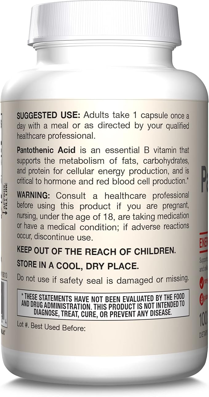 Jarrow Formulas Pantothenic Acid B5 500 mg, Dietary Supplement, Vitamin B5 for Adrenal Hormone Support and Cellular Energy Metabolism, 100 Veggie Capsules, 100 Day Supply