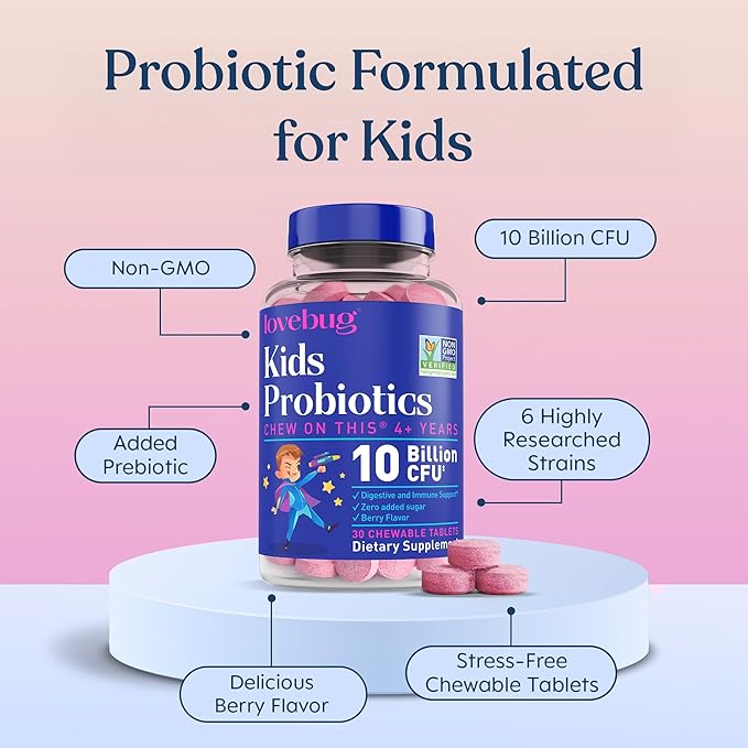 LOVEBUG Probiotics for Kids – Probiotic Chewables with Prebiotic Fiber for Age 4+,Daily Children's Gut Health & Digestive Support Supplement, Sugar-Free Berry Flavor, 30 Count