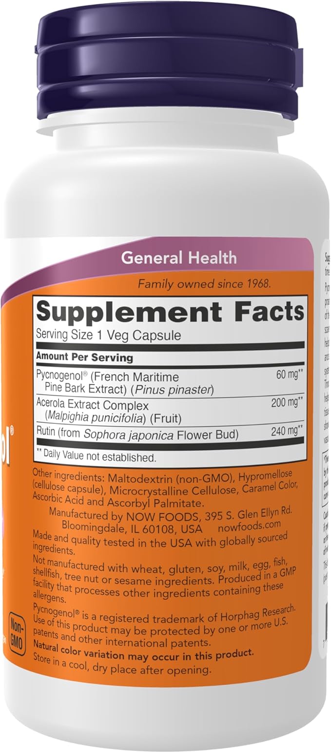 NOW Foods Supplements, Pycnogenol 60 mg (a Unique Combo of Proanthocyanidins from French Maritime Pine) with Acerola & Rutin Powder, 50 Veg Capsules