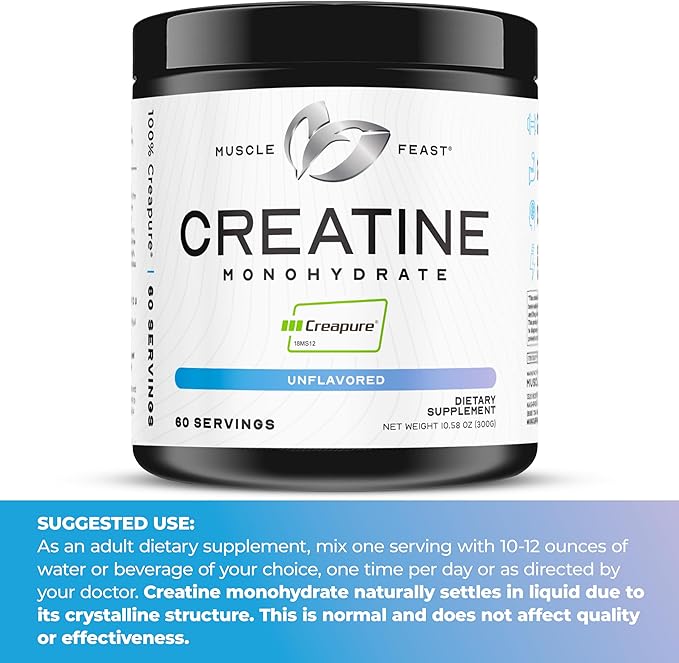 Muscle Feast Creapure Creatine Monohydrate Powder, Vegan Keto Friendly Gluten-Free, Mass Gainer, Muscle Recovery Supplement and Trusted Creatine for Muscle Growth, Creatine Powder, Unflavored, 300g