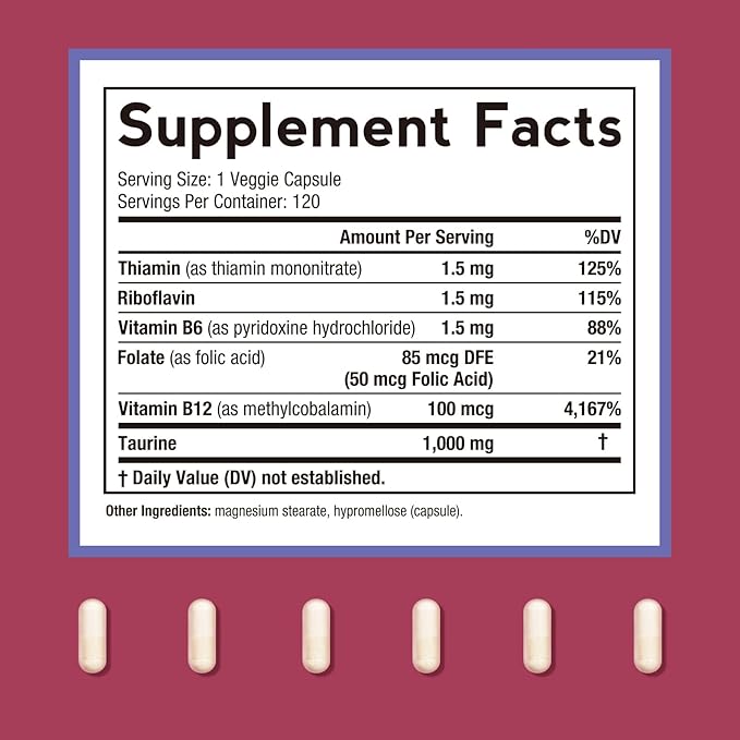 Doctor's Recipes Taurine Supplement 1000mg, Amino Acids Supplement with Vitamins B1, B2, B6, Folate, Methyl B12, Non-GMO, No Gluten & Soy, Support Heart, Visual, Nerve Health, 120 Veggie Capsules
