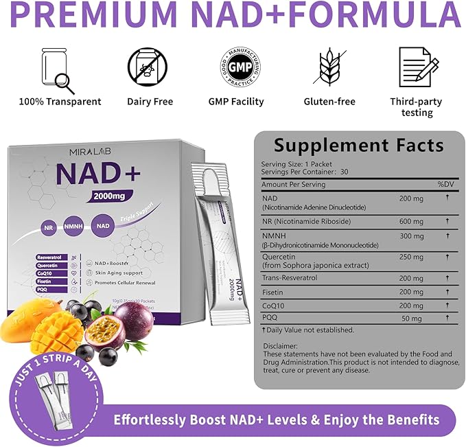 NAD+ Supplement Packets, 1000mg Liquid Advanced Nicotinamide Riboside, PQQ, Trans-Resveratrol & Quercetin Complex for Cellular Energy & Healthy Aging Support - 2 Flavors (30 Count)