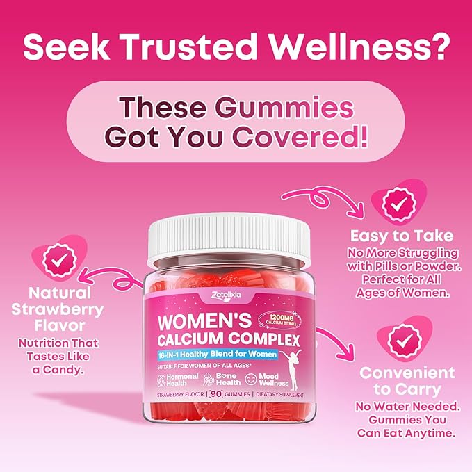 2 Pack Calcium Gummies for Women, Calcium Citrate 1200mg with Vitamin D3 K2, Collagen & Biotin, B0ne, Teeth, Immune & Hormone Support, Sugar Free, Non-GMO, Gluten-Free, Strawberry Flavor, 180 Count
