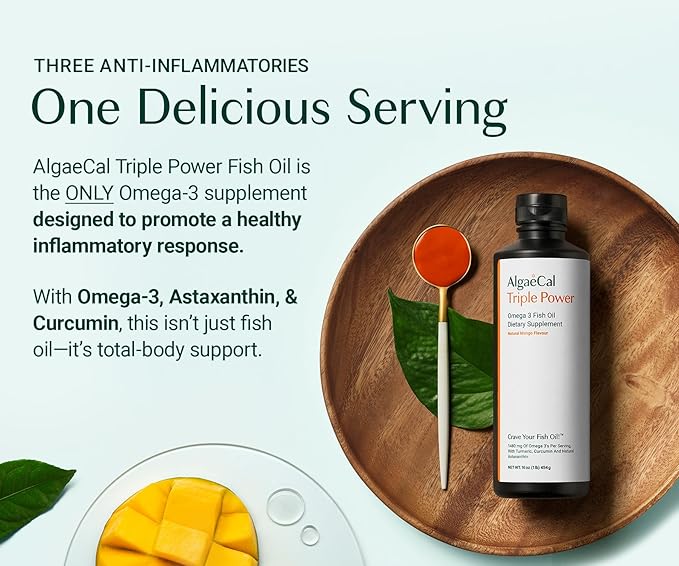 ALGAECAL Triple Power Omega 3 Fish Oil - EPA DHA Omega 3 Supplement 1200mg, Liquid Fish Oil with Turmeric Curcumin & Astaxanthin, Joint Support & Inflammation Relief, Mango Flavor, 16 oz