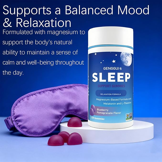 Sleep Gummies with Magnesium, Melatonin & L-Theanine for Relaxation & Sleep Support, Blueberry Pomegranate Flavor, Vegan, Gluten Free, 120 Count (1)